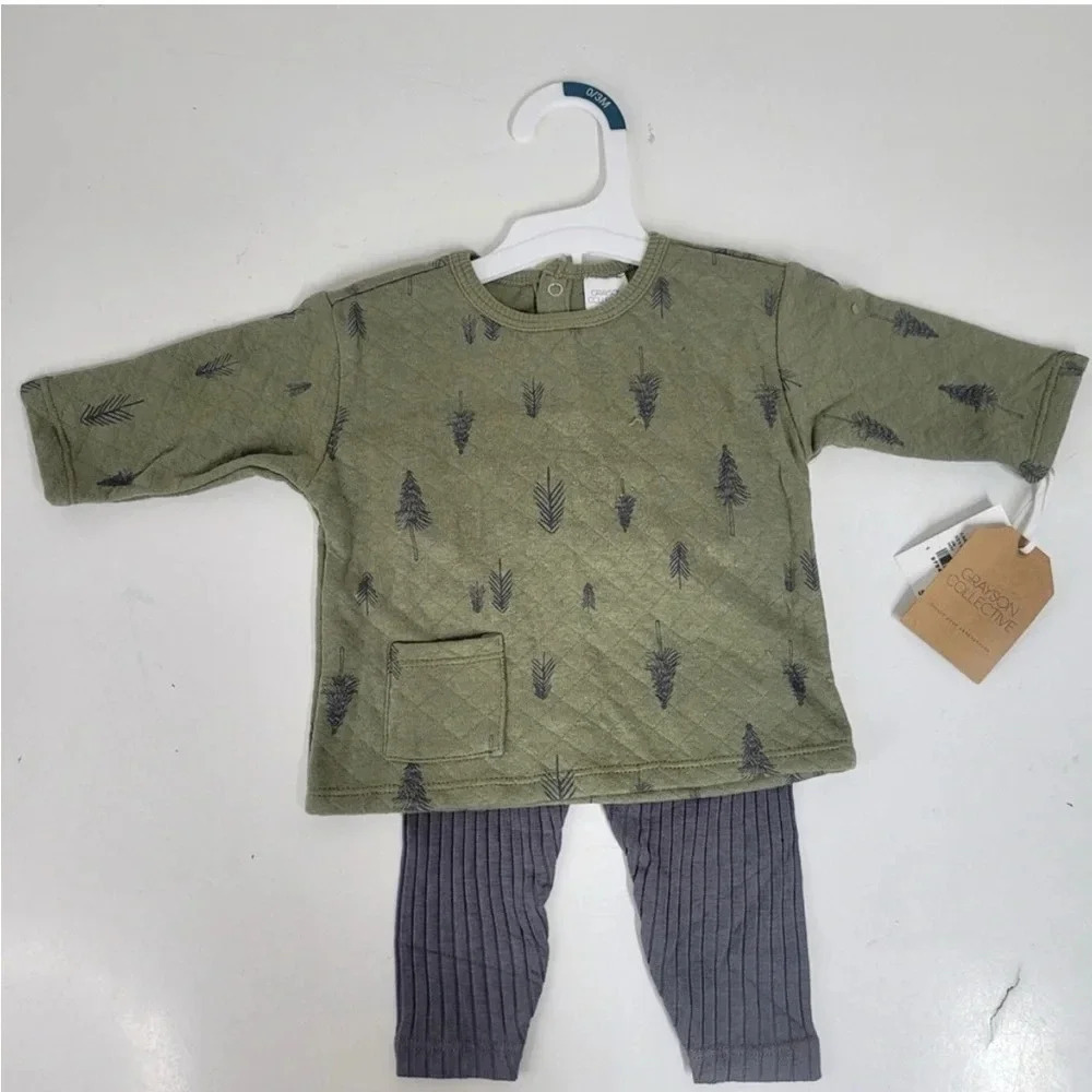😍New! Baby 2pc Quilted Pullover & Leggings Set, Green- Boy or Girl Unisex - Picture 2 of 10